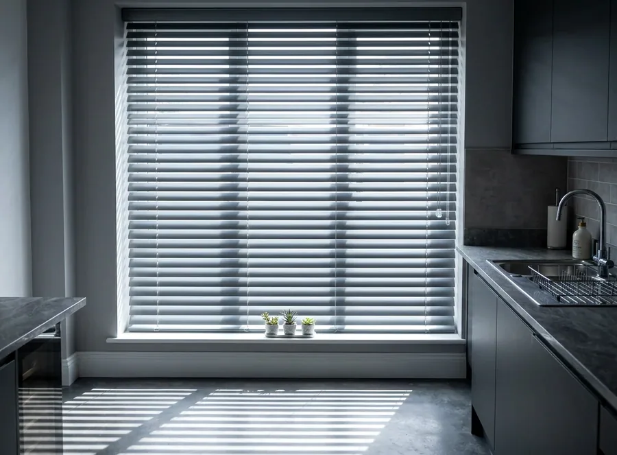 Aluminium venetian blind with horizontal slats in a Steyn City kitchen