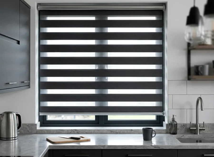 Day/night blind with alternating sheer and solid bands in a Steyn City kitchen