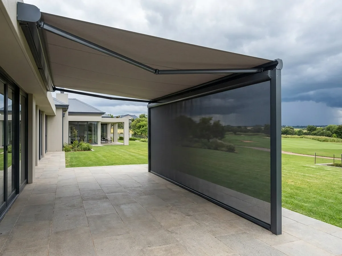 A folding-arm awning extended over a paved Steyn City deck with a flat mesh zip screen lowered in vertical side channels across the open side, storm cloud building over the parkland beyond