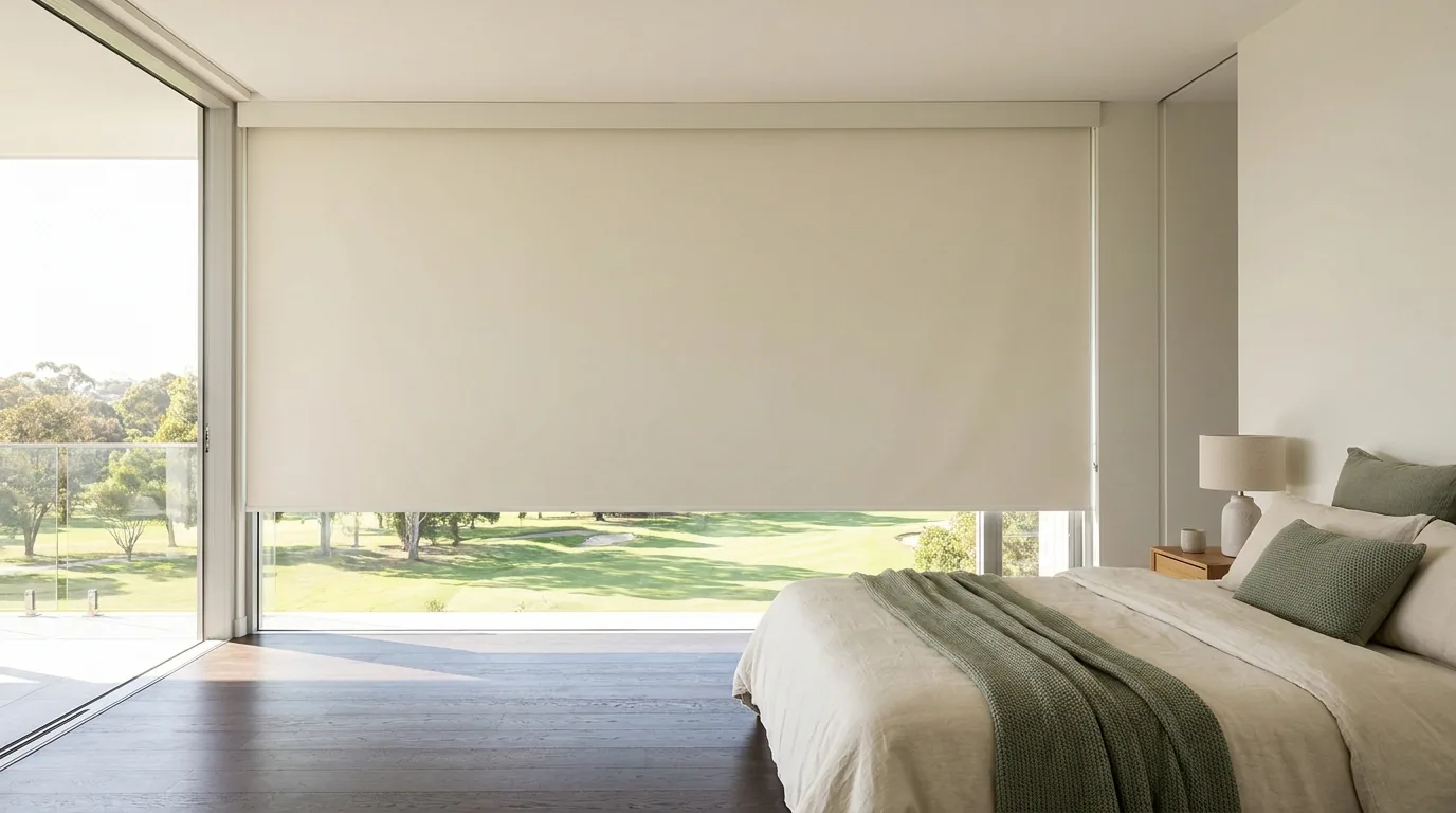 A blockout roller blind, one continuous smooth sheet of cream fabric with no folds, drawn three-quarters down a Steyn City bedroom window wall with parkland showing in the gap beneath