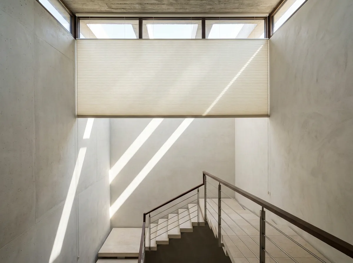 A cellular honeycomb blind, its concertina of air cells visible, drawn part-way down the tall clerestory glazing above a Steyn City stairwell void