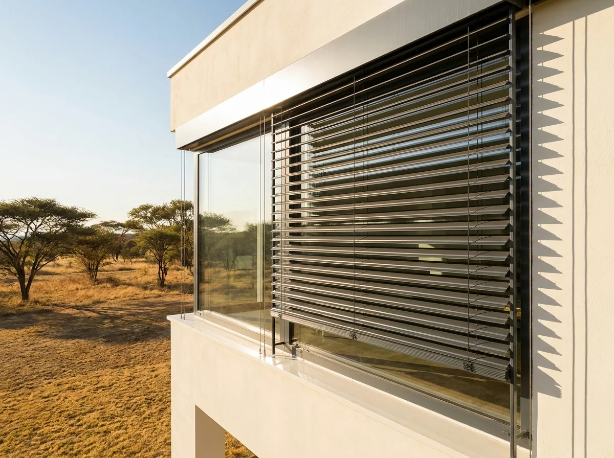 External venetian blinds outside the glass of a west-facing Steyn City window: narrow aluminium slats on side guide cables below a slim headbox, tilted to cut a low afternoon sun
